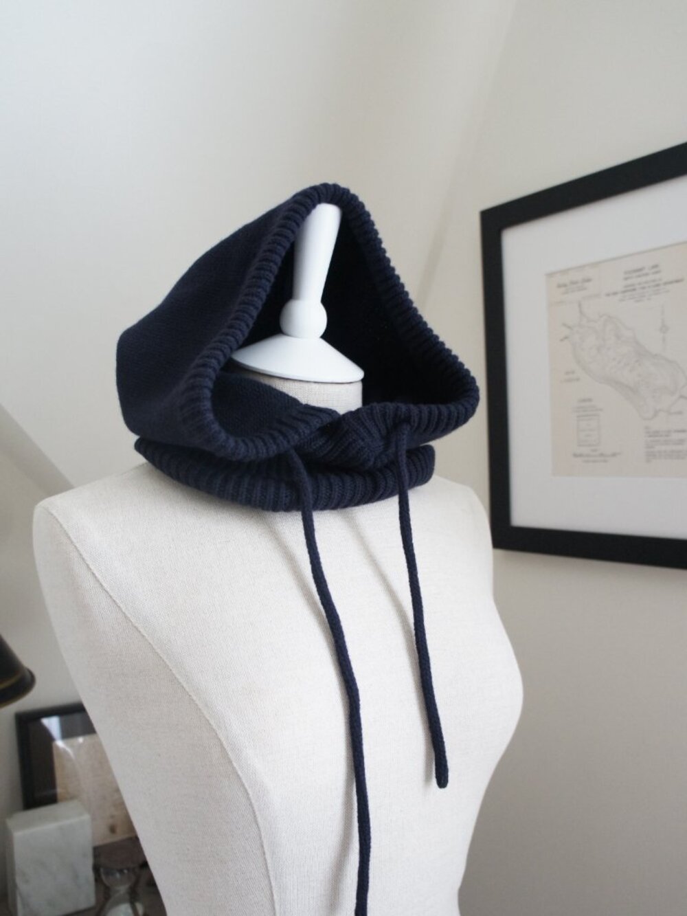 Dark Navy Merino Wool Hand Knitted Hood, Cowl, Balaclava With Drawstrings NWT - Picture 3 of 8